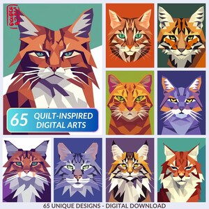 May include: A collection of 65 quilt-inspired digital art prints featuring stylized cat portraits. The artwork showcases various cat breeds in geometric designs, with a vibrant color palette including orange, purple, and green. The text reads "65 QUILT-INSPIRED DIGITAL ARTS" and "65 UNIQUE DESIGNS - DIGITAL DOWNLOAD."
