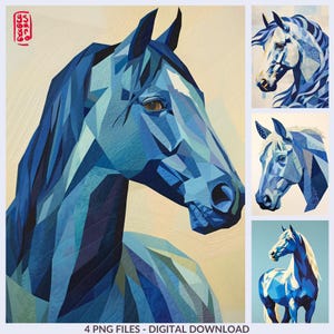 Può includere: Download digitale di quattro ritratti di cavalli in varie tonalità di blu. I cavalli sono raffigurati in uno stile geometrico a basso numero di poligoni. L'immagine principale mostra una testa di cavallo blu di profilo. Il testo "4 PNG FILES - DIGITAL DOWNLOAD" è in basso.