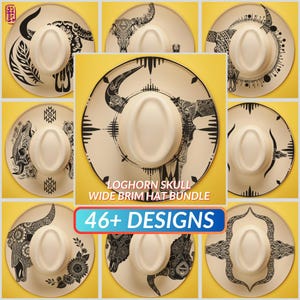 Set of 46 Western Longhorn Skull Designs - Wide Brim Hat Bundle - Hat Burning Patterns - For Laser Engraving & Hand Burning