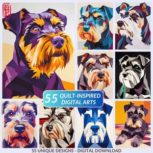 Peut inclure: Collection de neuf œuvres d'art numériques représentant des portraits de chiens Schnauzer stylisés. Les œuvres utilisent un design inspiré des quilts avec des formes géométriques et des couleurs vives, dont le violet, le bleu et l'orange. Le texte "55 Quilt-Inspired Digital Arts" est inclus.