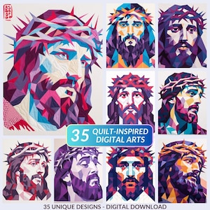Op de afbeelding: Een verzameling van negen digitale kunstwerken met geometrische portretten van een figuur met een doornenkroon. Het kunstwerk gebruikt blauw, paars, roze en wit. Tekst op de afbeelding luidt "35 QUILT-INSPIRED DIGITAL ARTS" en "35 UNIQUE DESIGNS - DIGITAL DOWNLOAD."