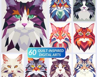 May include: A selection of 60 digital art pieces, each a geometric cat portrait. The designs use a quilt-inspired style, with a variety of colours such as purple, orange, blue, and red. The image includes the text "60 Quilt-Inspired Digital Arts."