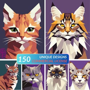 Könnte beinhalten: Sechs geometrische Katzenporträts in verschiedenen Farben, darunter Orange, Grau und Braun, vor einem lila Hintergrund. Der Text lautet "150 UNIQUE DESIGNS COMMERCIAL LICENSE".