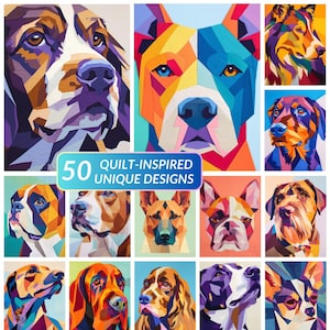 以下が含まれることがあります： さまざまな品種と色の50のキルトにインスパイアされた犬の肖像画のコラージュ。テキスト「50 Quilt-Inspired Unique Designs」は画像の中央に表示されます。