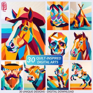 Puede incluir: Una colección de 30 obras de arte digital inspiradas en colchas. Las imágenes presentan diseños geométricos de un caballo, botas de vaquero, un tipi, una calavera, un toro y un vaquero. La paleta de colores incluye naranja, azul, amarillo y rojo.