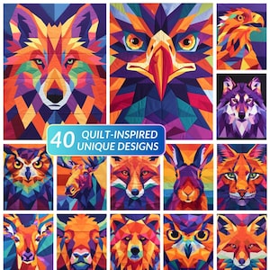 40 のクリエイティブな森の動物キルトのアイデア。幾何学的な野生動物のキルトパターンのアイデア - モダンなペーパーピーシングデザイン。画像のみ YoyoSaro