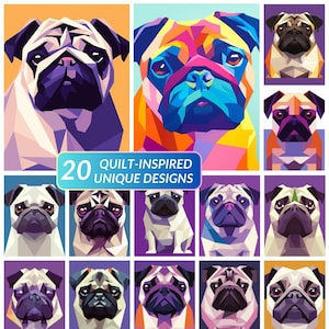 Könnte beinhalten: Eine Sammlung von 20 von Quilts inspirierten Mops-Designs. Die Möpse sind in einem geometrischen Low-Poly-Stil mit einer Vielzahl von Farben dargestellt, darunter Lila, Orange, Blau und Weiß. Der Text lautet "20 Quilt-Inspired Unique Designs."