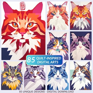 Set mit 85 KATZEN Quiltideen || Artistic Cat Paper Piecing Pattern Art Art - auffällige und moderne Nähvorlagen Ideen - Nur Bilder - keine Muster