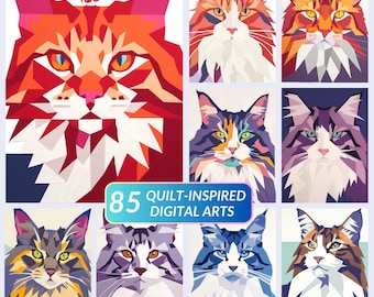Set of 85 CAT QUILT IDEAS || Artistic Cat Paper Piecing Pattern Art - Bold and Modern Sewing Template ideas - Images Only - No Patterns