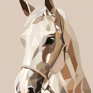 Peut inclure: Un cheval blanc avec une bride marron, rendu dans un style low-poly. La tête du cheval est légèrement tournée sur le côté et ses yeux sont fermés. L'arrière-plan est de couleur marron clair.