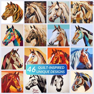 Può includere: Un collage di 46 disegni di cavalli ispirati alle trapunte. Ogni cavallo è composto da forme geometriche in vari colori, tra cui rosso, blu, verde, giallo, arancione e marrone. Il testo "46 Quilt-Inspired Unique Designs" è visualizzato in uno striscione nella parte inferiore dell'immagine.