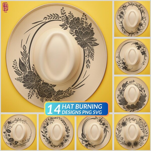 Set of 14 Simple Floral Hat Burning Designs PNG SVG | Wide Brim Hat Laser Engraving Files for LightBurn | Western Floral Wreath Art
