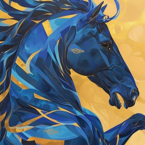May include: A digital art print of a horse in profile, rendered in shades of blue and gold. The horse's form is stylized with geometric shapes and flowing lines, set against a yellow background. The artwork captures the horse's energy.