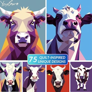 75 inspiracji do patchworku z wykorzystaniem papieru bazowego, szablony patchworkowe z bykiem i krową, wzory zwierząt FPP || Cyfrowe inspiracje do patchworku autorstwa YoyoSaro