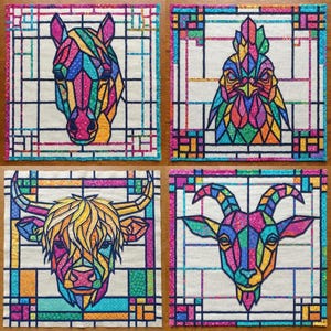 May include: Four square fabric quilt blocks featuring stained glass style animal portraits. The top left shows a horse, top right a rooster, bottom left a highland cow, and bottom right a goat. Each animal is rendered in vibrant, multi-coloured geometric shapes with dark outlines against a light background.