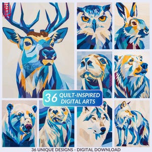 May include: A set of 36 digital art prints with quilt-inspired designs. The images depict animals such as a deer, owl, and wolf, rendered in geometric patterns using blue, white, and gold colours. The text reads "36 Quilt-Inspired Digital Arts".