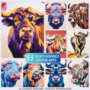 May include: A collection of nine quilt-inspired digital art prints featuring stylized depictions of bulls. The artworks showcase a variety of colors and geometric patterns. The image includes the text "55 Quilt-Inspired Digital Arts" and "55 Unique Designs - Digital Download".