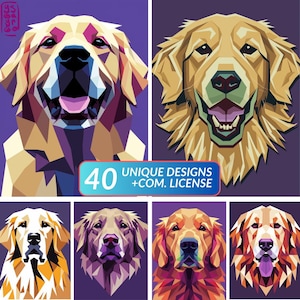 Könnte beinhalten: Sechs geometrische Kunstdrucke von Golden Retrievern in verschiedenen Posen und Farben. Die Low-Poly-Stil-Drucke sind vor einem lila Hintergrund platziert. Der Text "40 UNIQUE DESIGNS +COM. LICENSE" ist enthalten.