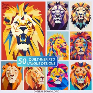 Könnte beinhalten: Ein digitaler Download von 50 quilt-inspirierten Löwen-Designs. Die Löwen sind in einem farbenfrohen, geometrischen Stil mit Patchwork-Effekt dargestellt. Der Text "50 Quilt-Inspired Unique Designs" wird in einem blauen Banner angezeigt.