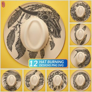 Könnte beinhalten: Eine Sammlung cremefarbener Fedora-Hüte mit verschiedenen schwarzen grafischen Designs, darunter Federn, ein Schädel und florale Muster. Das Bild enthält den Text "12 HAT BURNING DESIGNS PNG SVG".