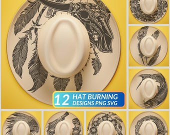 Western Hat Engraving Bundle | 12 PNG SVG Cowboy Hat Burning Designs | Wide Brim Laser Templates for DIY Makers
