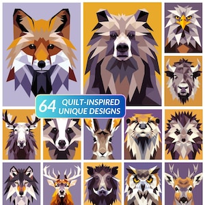May include: A set of 12 geometric animal portraits, including a fox, bear, and eagle, in a quilt-inspired style. The image features a variety of wildlife with a text overlay stating "64 Unique Designs". The color palette includes shades of brown, purple, and yellow.