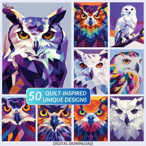 Könnte beinhalten: Ein digitaler Download von 50 Quilt-inspirierten Eulen-Designs. Die Eulen sind in verschiedenen Farben und Mustern dargestellt, darunter Lila, Blau, Orange und Weiß. Der Text "50 Quilt-Inspired Unique Designs" wird in einem Banner angezeigt.