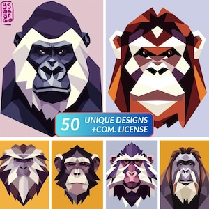 May include: A collection of geometric illustrations of primate faces in various colors. The image includes a banner with the text "50 UNIQUE DESIGNS + COM. LICENSE". The illustrations feature gorillas, monkeys, and apes.
