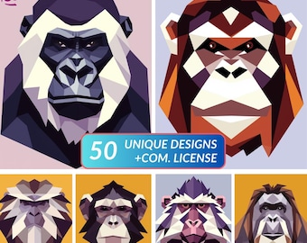 50 impresiones digitales de monos inspirados en colchas / Retratos de monos acolchados de baja poli / Collage de tela de patchwork y arte de piecing de papel base