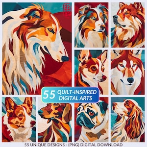 Puede incluir: Una colección de nueve impresiones de arte digital que presentan varias razas de perros en un estilo inspirado en el acolchado. Cada obra de arte muestra un perro diferente con colores vibrantes y patrones geométricos. La imagen incluye el texto "55 Quilt-Inspired Digital Arts".