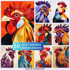 Quilt Rooster Art Prints: Colorful Farmhouse Kitchen Decor (Digital Download)