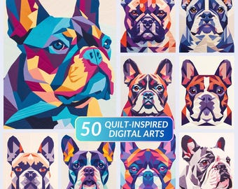 50 Quilt Digital Arts French Bulldog •  Quilted Dog Portrait • Modern Foundation Paper Piecing Reference • Printable Wall Decor