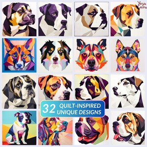 Könnte beinhalten: Eine Collage aus 32 Quilt-inspirierten Hunde-Designs. Jedes Design zeigt eine andere Hunderasse in einem geometrischen, farbenfrohen Stil. Der Text "32 Quilt-Inspired Unique Designs" wird in der Mitte des Bildes angezeigt.