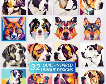 May include: A collage of 32 quilt-inspired dog designs. Each design features a different breed of dog in a geometric, colorful style. The text "32 Quilt-Inspired Unique Designs" is displayed in the center of the image.