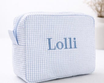 Custom Embroidered Seersucker Makeup/Toiletry Bag