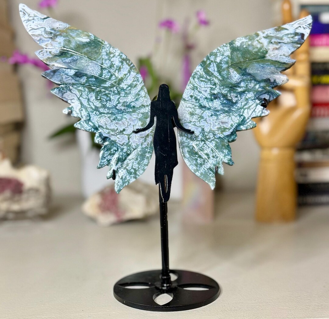 Moss Agate Crystal Carved Angel Wings W/ Stand, Crystal Wings, Crystal ...