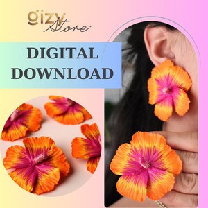 K&ouml;nnte beinhalten: Digitaler Download von druckbaren Mustern f&uuml;r die Herstellung von Ohrringen aus Polymer Clay. Die Ohrringe sind in Form von Hibiskusbl&uuml;ten mit orangefarbenen und rosafarbenen Bl&uuml;tenbl&auml;ttern.