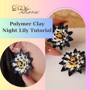 Puede incluir: Un par de pendientes de arcilla polimérica negra y blanca con forma de lirios de noche. Los pendientes tienen un centro amarillo y los lleva una persona.