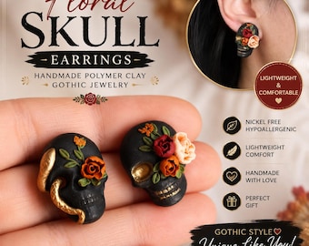 Ohrringe mit Totenkopfblumen, handgefertigte Gothic-Ohrstecker aus Polymerclay, schwarzer Totenkopfschmuck