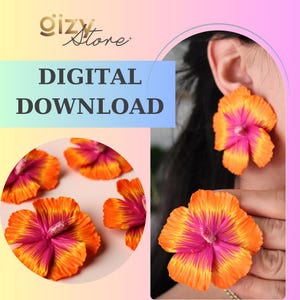 K&ouml;nnte beinhalten: Digitaler Download von druckbaren Mustern f&uuml;r die Herstellung von Ohrringen aus Polymer Clay. Die Ohrringe sind in Form von Hibiskusbl&uuml;ten mit orangefarbenen und rosafarbenen Bl&uuml;tenbl&auml;ttern.