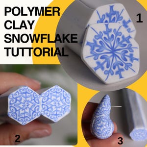 May include: A step-by-step tutorial on how to make a snowflake out of polymer clay. The image shows three steps: 1) a snowflake design on a hexagon of clay, 2) two hexagons of clay with snowflake designs, and 3) a snowflake design on a teardrop-shaped piece of clay.