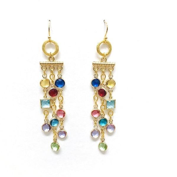 Multicolor Chandelier Long Drop Earrings, Rainbow Dangle Statement Earrings,  Multi Stone Colorful Earrings, Colorful Crystal Jewelry