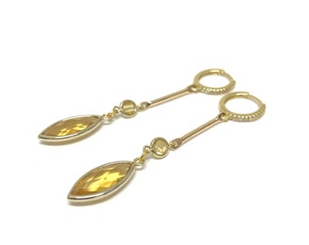 Citrine CZ Hoop Marquise Drop Earrings, Yellow Crystal Hoop Long Dangle Earrings, Golden Citrine Minimalist Hoop Earrings, Citrine Jewelry