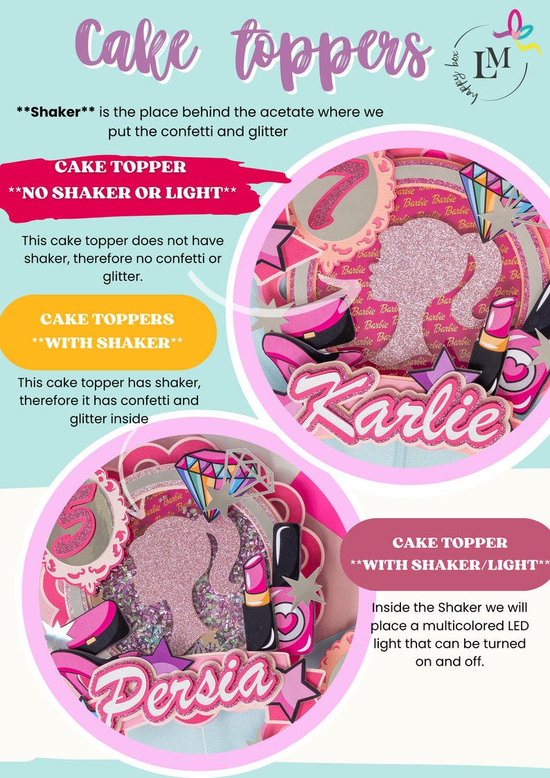 May include: Pink and white cake topper with a Barbie silhouette, a diamond, and the name "Persia". The topper includes a shaker for confetti and glitter.  The text "Cake Toppers with Shaker/Light" is also included.