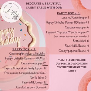 May include: Pink and white birthday party supplies with a donut graphic. The text reads "Decorate a beautiful candy table with our party box #1" and "party box #2". The party boxes include layered cake topper, happy birthday banner, cupcake wrapper, layered cupcake/candy topper, bottle label, favor milk boxes, and candy/popcorn boxes. The text also reads "All elements are customized according to the theme of the party."