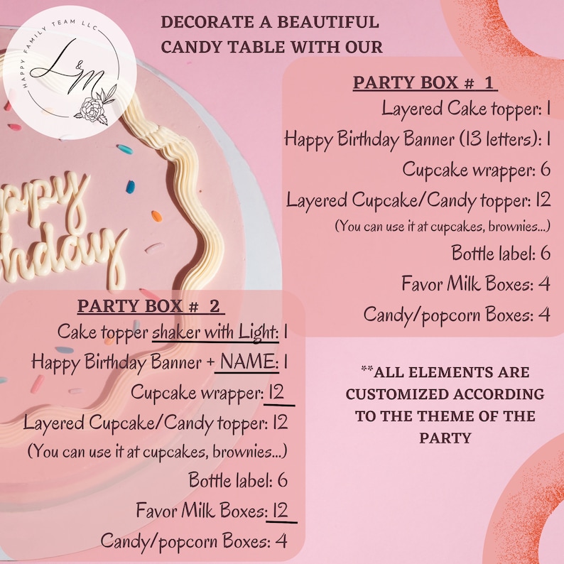 May include: Pink and white birthday party supplies with a donut graphic. The text reads "Decorate a beautiful candy table with our party box #1" and "party box #2". The party boxes include layered cake topper, happy birthday banner, cupcake wrapper, layered cupcake/candy topper, bottle label, favor milk boxes, and candy/popcorn boxes. The text also reads "All elements are customized according to the theme of the party."