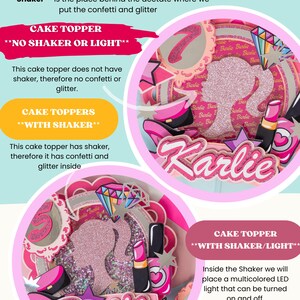 May include: Pink and white cake topper with a Barbie silhouette, a diamond, and the name "Persia". The topper includes a shaker for confetti and glitter.  The text "Cake Toppers with Shaker/Light" is also included.