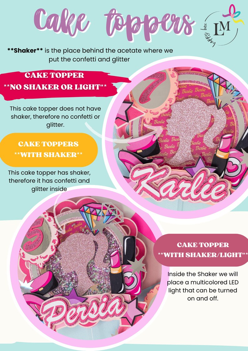 May include: Pink and white cake topper with a Barbie silhouette, a diamond, and the name "Persia". The topper includes a shaker for confetti and glitter.  The text "Cake Toppers with Shaker/Light" is also included.