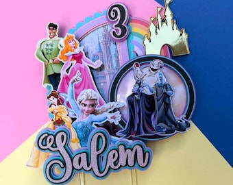 Princess vs Villains cake topper, princess party, villains birthday party, Princess Castle & Evil Characters Cake Topper