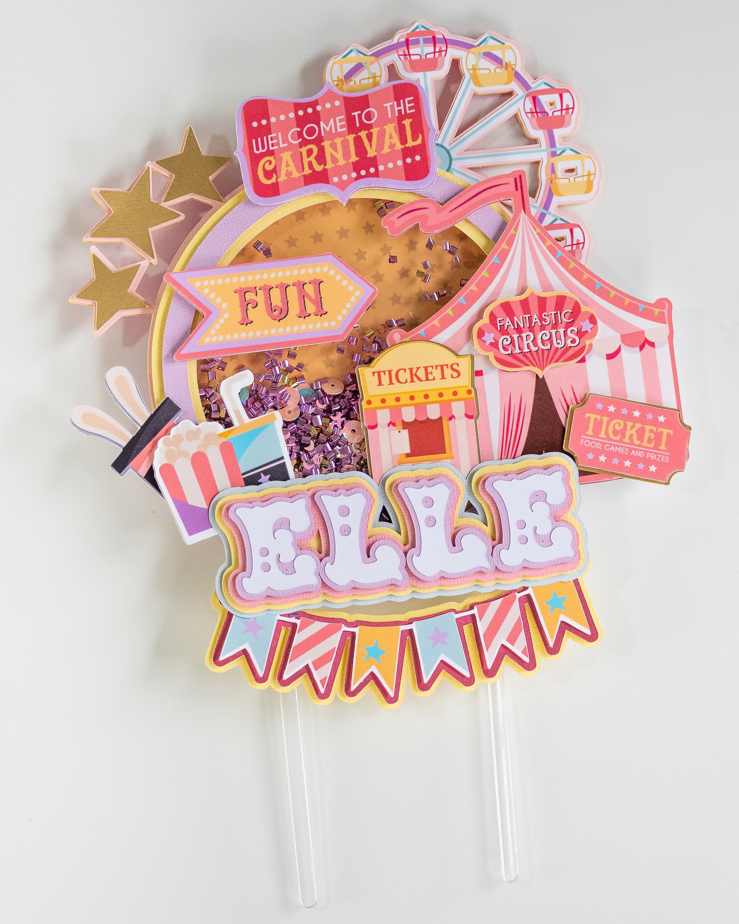 Circus Happy Birthday Cake Toppers - Carnival Themed Party Decorations For Kids, Glitter Cake Decor, Non-Edible